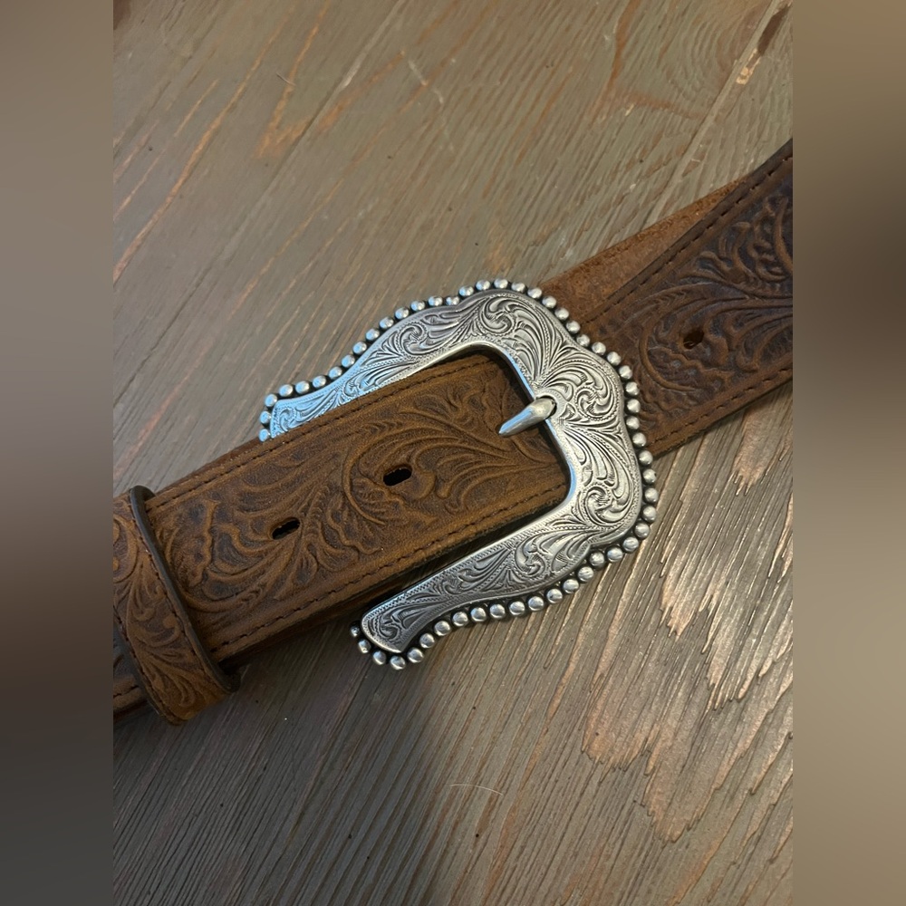 Tony Lama Embossed Brown Belt with Ornate Silver Buckle